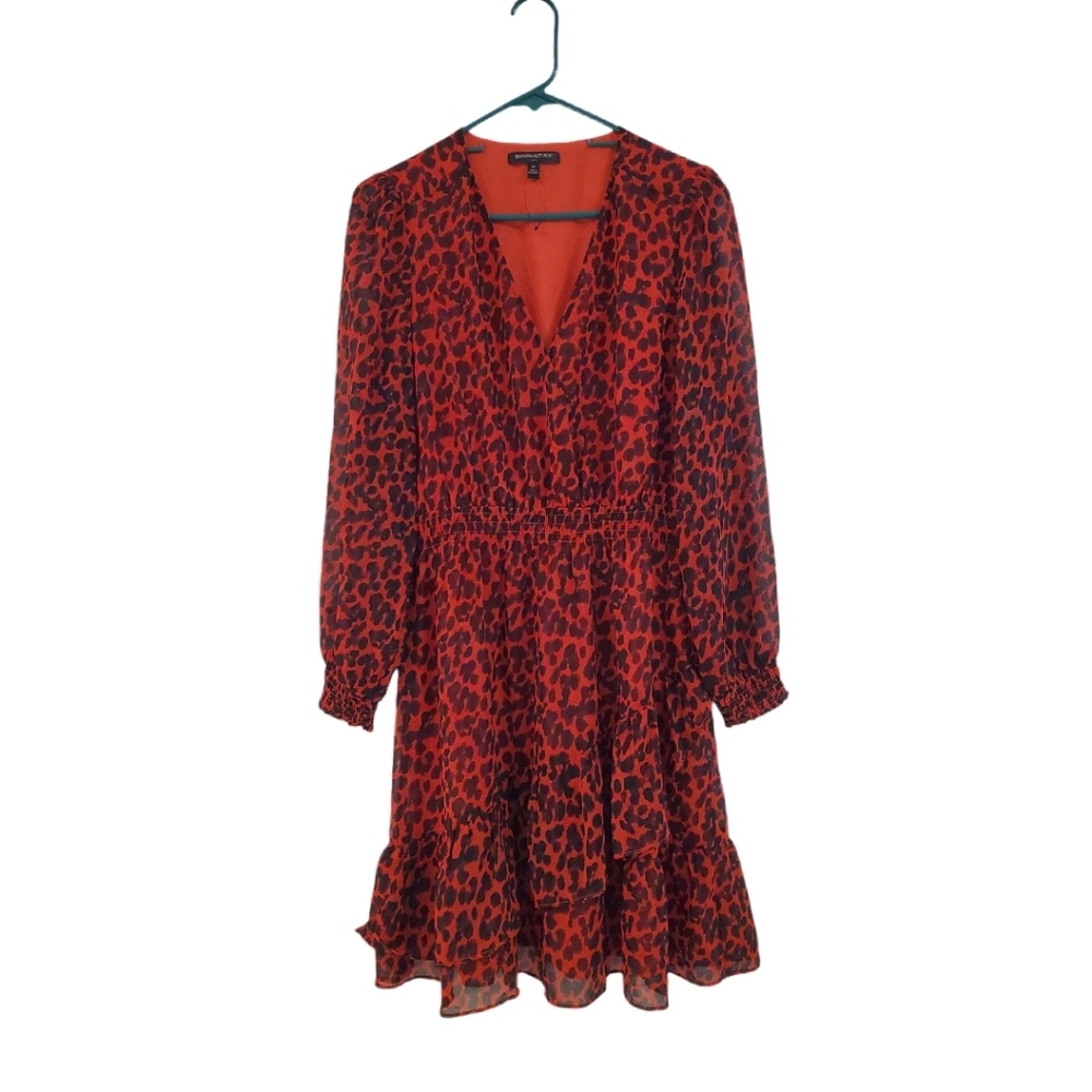 Banana Republic‎ Women's Red Black Leopard Long Sleeve Ruffle Dress Medium